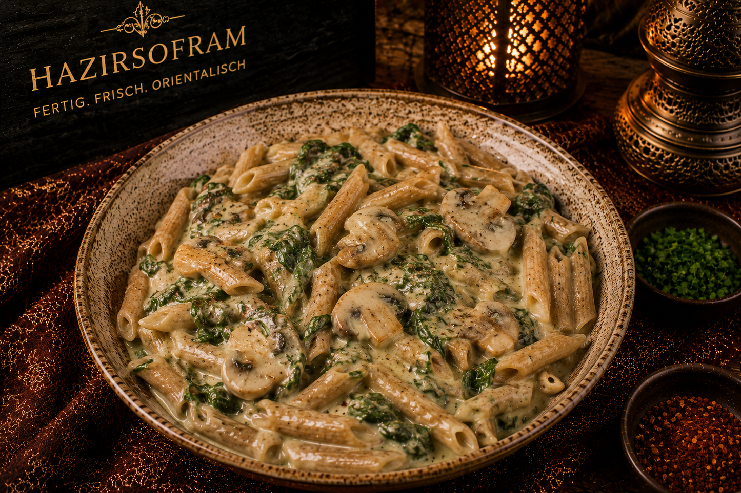 Champignon Spinat Dinkelnudeln mit Sahnesauce